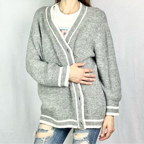 A NEW DAY | Heather Gray White Striped Oversized V-Neck Cardigan Sweater - Picture 10 of 11